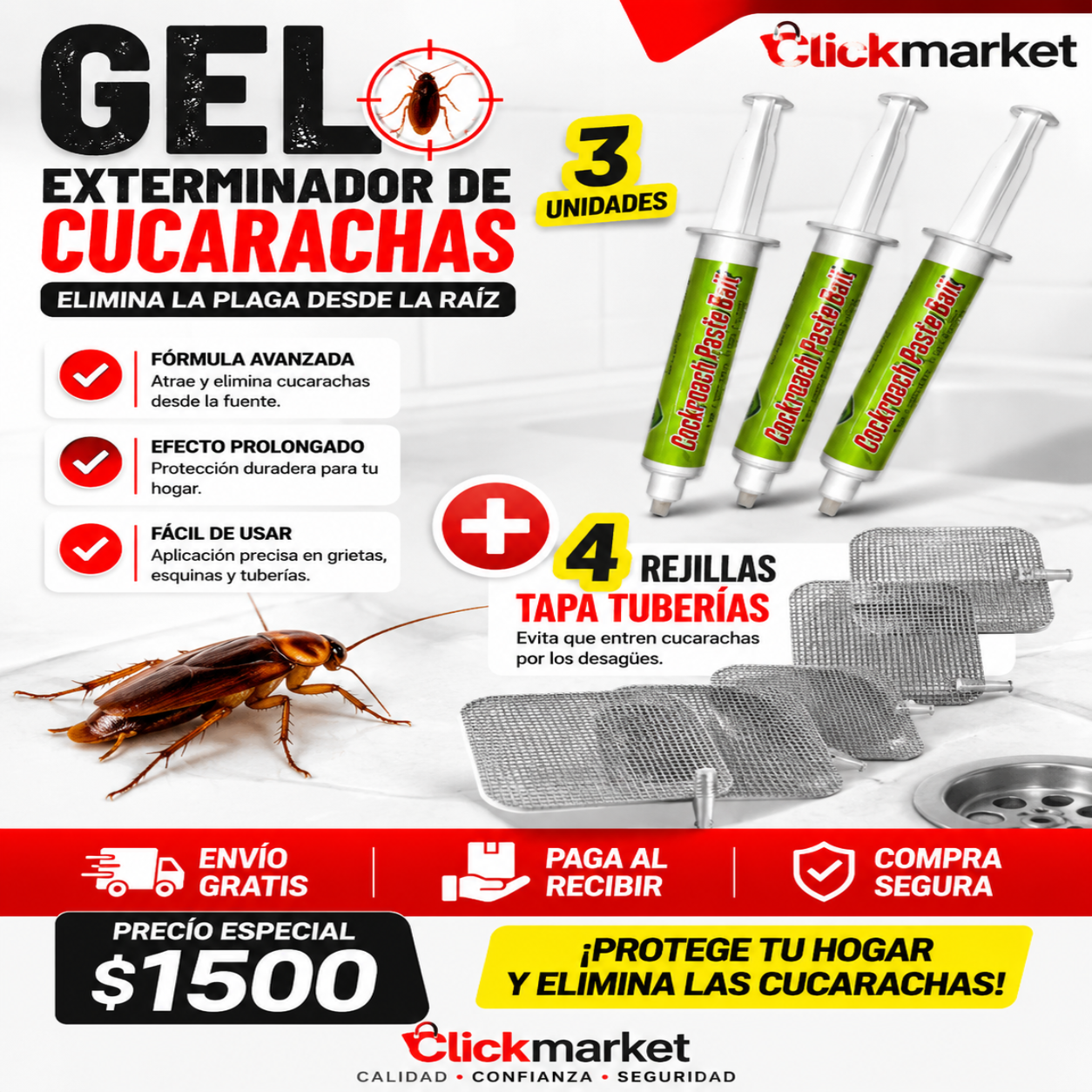 Gel Exterminador de Cucarachas + 4 Rejillas Tapa Tuberías